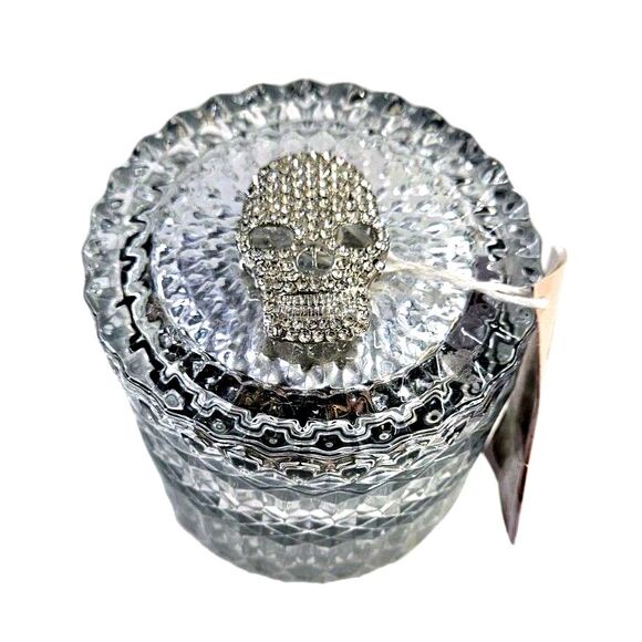 12 Oz Enchante ~4" Candle Holder Trinket Jar Faux Crystal Shiny Rhinestone Skull - Picture 1 of 14